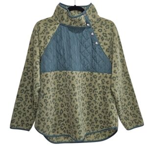 J Crew Leopard Print Fleece Pullover Quilted Detail Women's Medium